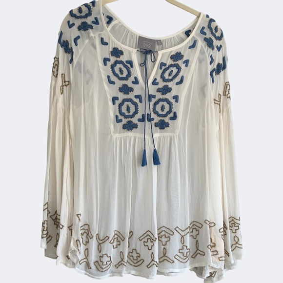 Anthropologie Diem Ivory Chiffon Embroidered Beaded Boho Flounce Peasant Top 6 - Picture 3 of 15